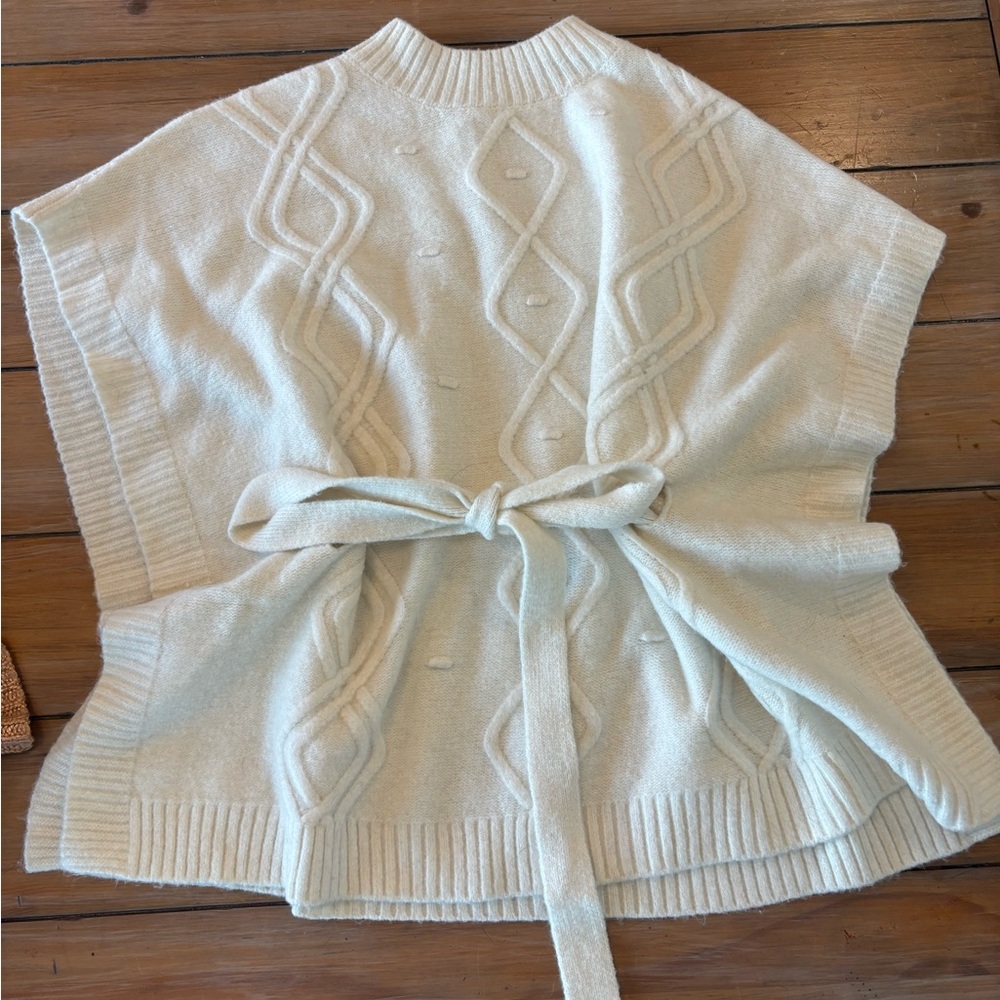 LOFT Cream Cable-Knit Belted Sweater Poncho